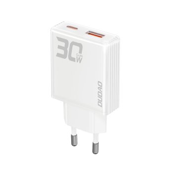 GaN Dudao A30EU 30W USB-A / USB-C sienas lādētājs – balts