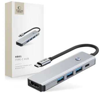 Tech-Protect HB01 5-in-1 USB-C Hub Adapter HDMI 4K 60Hz PD 100W USB 3.0 - Gray