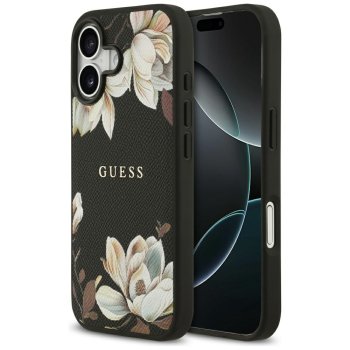 Чехол Guess Grained Flowers Classic Logo MagSafe для iPhone 17 - черный