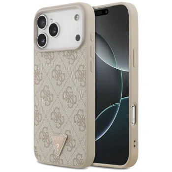 Guess iPhone 17 Pro Max vāciņš Leather 4G Triangle Strass MagSafe, rozā
