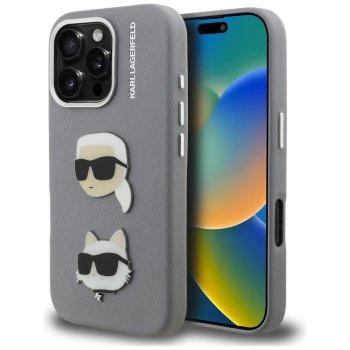 Karl Lagerfeld FW Grained Karl & Choupette vāciņš Apple iPhone 16 Pro Max, Pelēks
