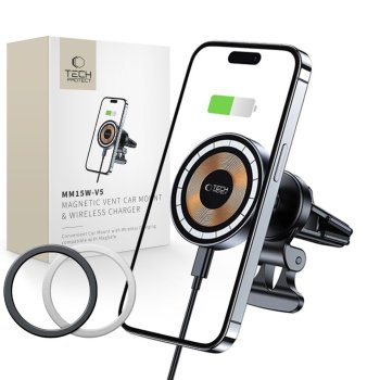 Tech-Protect MM15W-V5 MagSafe auto turētājs ar 15W lādētāju, Melns