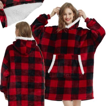 Теплая толстовка-плед оверсайз с капюшоном, красная в клетку