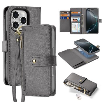 Dux Ducis Lawa Leather Case with Magnetic Wallet for iPhone 16 Pro Max, Gray