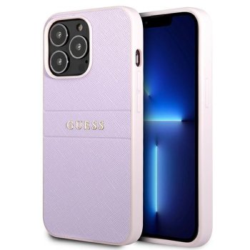 Guess iPhone 13 Pro / 13 vāciņš Saffiano Hot Stamp & Metal Logo violets