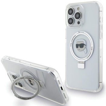 Karl Lagerfeld iPhone 15 Pro vāciņš Ring Stand Karl Head MagSafe, balts