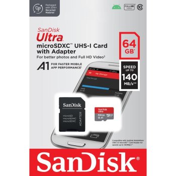 SanDisk Ultra 64GB microSDXC atmiņas karte 140MBps A1, melna, pelēka, sarkana
