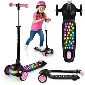 Детский трехколесный самокат с LED колесами Ricokids Glowi, черно-розовый