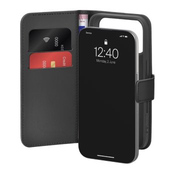 Puro iPhone 17 Pro Max atverams vāciņš maciņš grāmatiņa Wallet Stand, melns