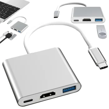 3 vienā USB-C adapteris ar HDMI 4K un USB 3.0, balts un sudrabains