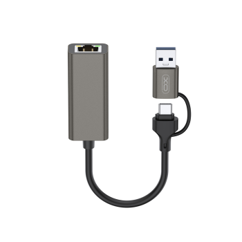 XO Adapter Cable HUB USB & USB-C to Internet Network RJ45, Gray | Interneta Adapteris Kabelis