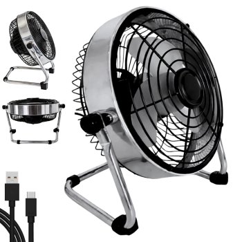Quiet Metal Desk Fan 22cm USB-C 2 Speeds Home Office, Black
