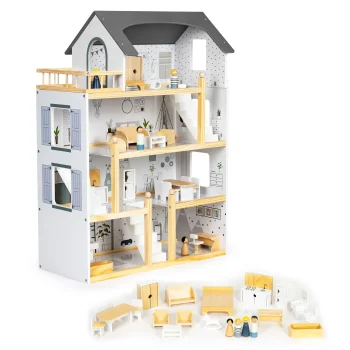 ECOTOYS Wooden Dollhouse with 18-Piece Furniture Set and 4 Dolls