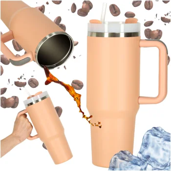 Termokrūze ar salmiņu un rokturi, 1200ml, pūderrozā