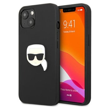 Karl Lagerfeld iPhone 13 mini vāciņš Leather Ikonik Karl's Head, melns