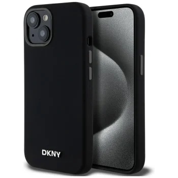 DKNY iPhone 14 / 15 / 13 чехол Liquid Silicone Small Metal Logo MagSafe, черный