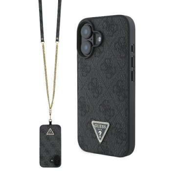 Guess iPhone 16 vāciņš Leather Metal Logo Strass Crossbody, melns