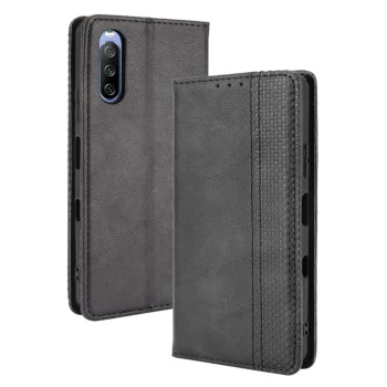 Sony Xperia 10 III / 10 III Lite Vintage Style Magnetic Leather Wallet Case Cover, Black | Telefona Vāciņš Maciņš...