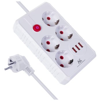Сетевой фильтр Maclean MCE393 W, 4 розетки + 3xUSB, 2500W, 3м, белый
