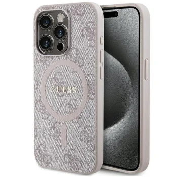 Guess iPhone 15 Pro Max vāciņš 4G Collection Leather Metal Logo MagSafe, rozā