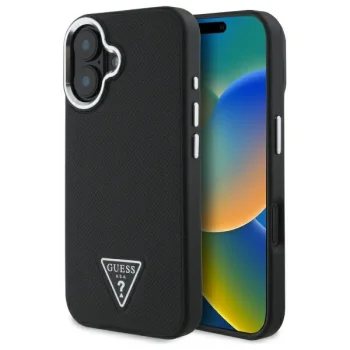 Guess iPhone 16 Plus vāciņš Grained Triangle MagSafe, melns