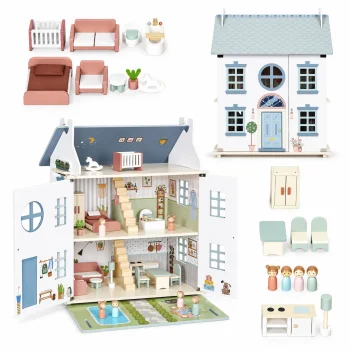 Деревянный кукольный домик ECOTOYS Lily, 3 этажа, с мебелью