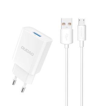 Dudao A4EU USB-A 2.1A sienas lādētājs – balts + USB-A – micro USB kabelis