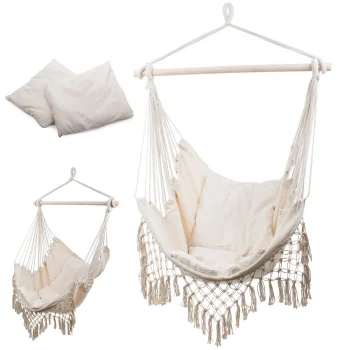 Brazīlijas piekaramais krēsls ar spilveniem un koka rāmi Boho stila, Bēšs