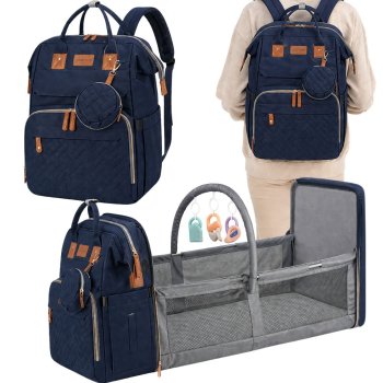Multifunctional Mommy Bag Backpack with Crib and USB, Grey