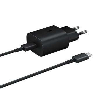 Samsung 25W EP-TA800EBE USB-C sienas lādētājs ar Samsung EP-DA705BBE USB-C / USB-C kabeļa rezerves komplektu - melns