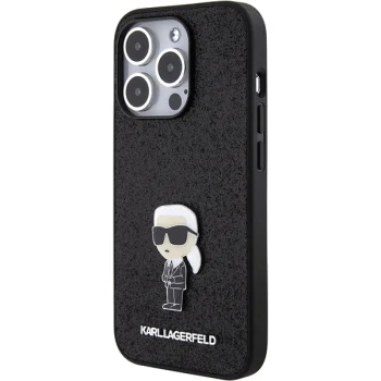 Karl Lagerfeld iPhone 15 Pro Case Glitter Ikonik Logo Metal Logo, Black