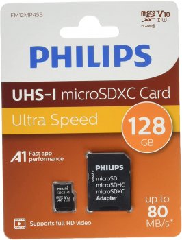 Philips 128GB Micro SDXC Class 10 UHS-1 & V10 Flash Memory Card with Adapter | Fotoaparātu Atmiņas karte