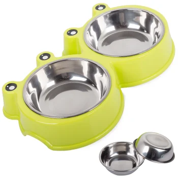 Double Pet Bowl for Dogs and Cats with Metal Bowls 2x0.3L, Green