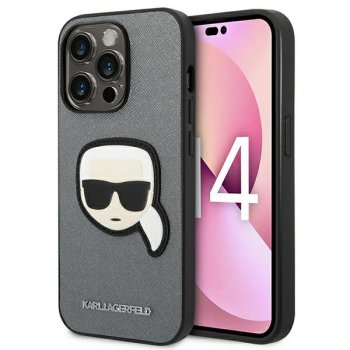Karl Lagerfeld iPhone 14 Pro vāciņš Saffiano Karl's Head Patch Sudraba