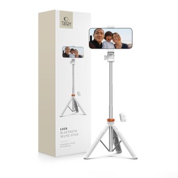 Tech-Protect L03S Bluetooth pašbildes statīvs ar tālvadības pulti, trijkājis līdz 148 cm un 180° galva – balts