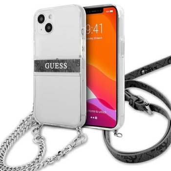 Guess caurspīdīgs ciets vāciņš iPhone 13 mini 4G Gray Strap Silver Chain