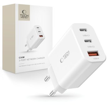 Tech-Protect NC30W lādētājs 2x USB-C PD 30W / USB-A QC 3.0 – balts