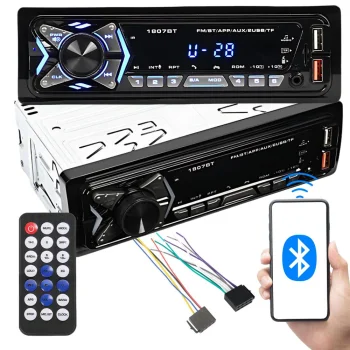 Auto radio 1-DIN ar Bluetooth USB AUX SD brīvroku sistēmu un tālvadības pulti