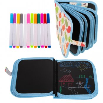 Kids Soft Drawing Album Notebook Board + 12 Markers, Blue