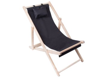 Folding Wooden Beach Lounger with Pillow, Black