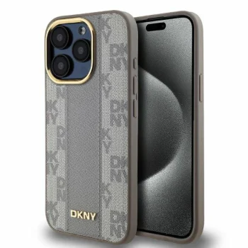 Чехол DKNY для iPhone 15 Pro Max Leather Checkered Mono Pattern MagSafe, бежевый
