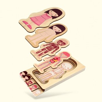 Koka attīstošā mīkla "Montessori" anatomija, ķermeņa daļu izpēte, meitene | Wooden educational puzzle anatomy, girl