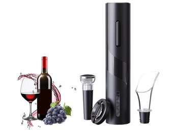 Elektriskais korķviļķis ar folijas nazi un vīna piltuvi / Vīna aksesuāru, piederumu komplekts, Melns | Electric...