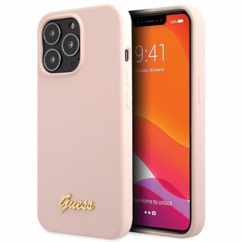Guess iPhone 13 Pro Max vāciņš Silicone Script Gold Logo, gaiši rozā