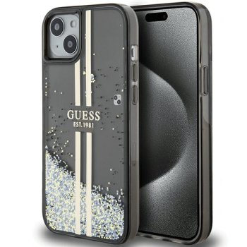 Guess iPhone 15 Plus / 14 Plus Case Liquid Glitter Gold Stripes, Black