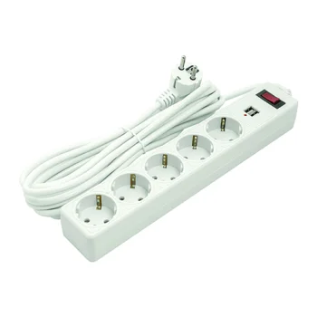 Удлинитель 5м на 5 розеток, 2x USB, с выключателем, белый