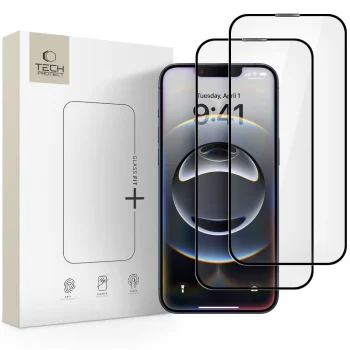 Tech-Protect Glass Fit+ aizsargstikls iPhone 17e/16e/14/13 Pro/13, 2 gab., melns