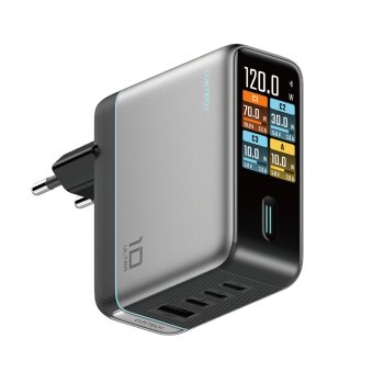 Cuktech AD1204U 120W GaN sienas lādētājs ar displeju un kabeli, Sudraba