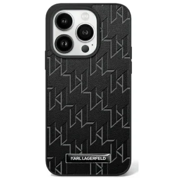 Karl Lagerfeld iPhone 16 Pro Max vāciņš Leather Monogram Metal Logo MagSafe, melns