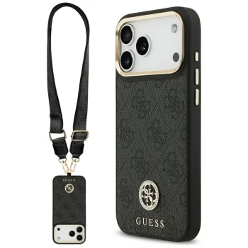 Чехол Guess 4G Strass Logo & Big Strap Metal Buttons MagSafe для iPhone 17 Pro Max, черный